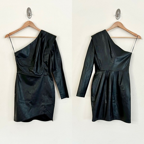 MICHELLE MASON Faux Leather Asymmetrical Mini Dress in Black - Picture 3 of 8